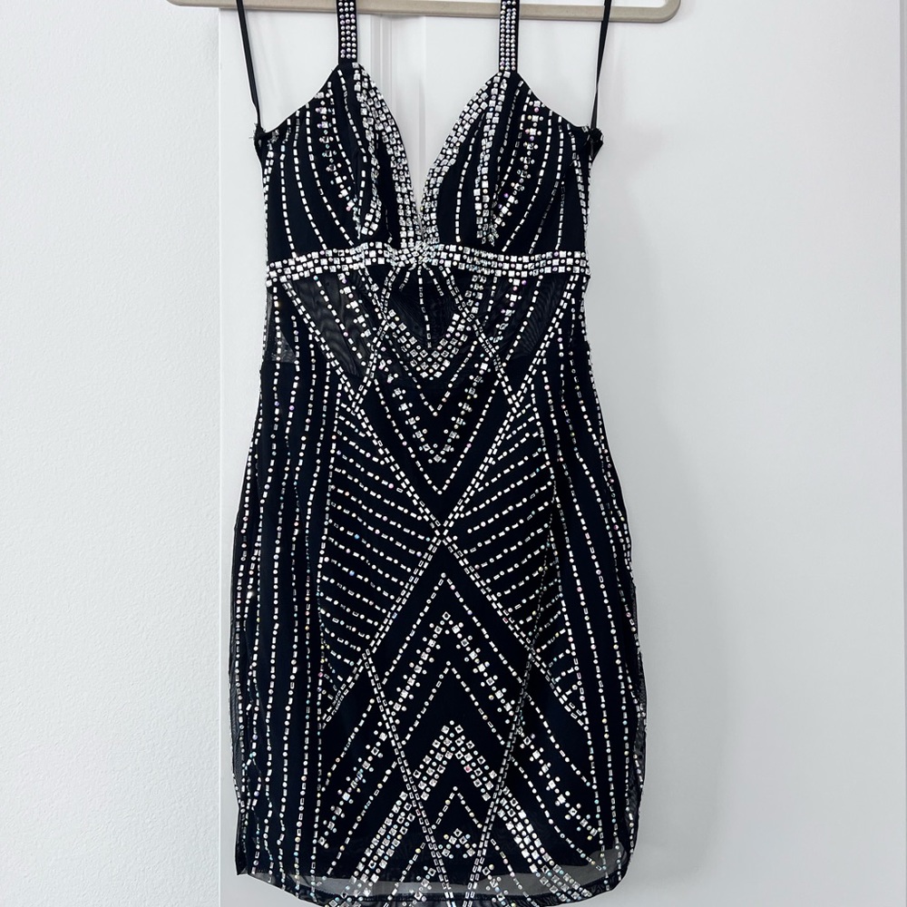 12th Tribe Catwalk Black Rhinestone Mini Dress